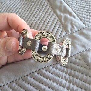 Premier Designs STARLET Grey Leather Bracelet Rhinestone Accents Snap Closure